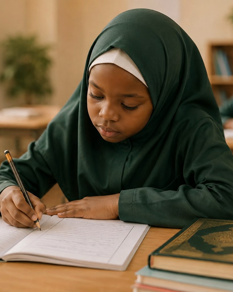 El&egrave;ve de Madrassa Academy appliqu&eacute;e sur son cahier